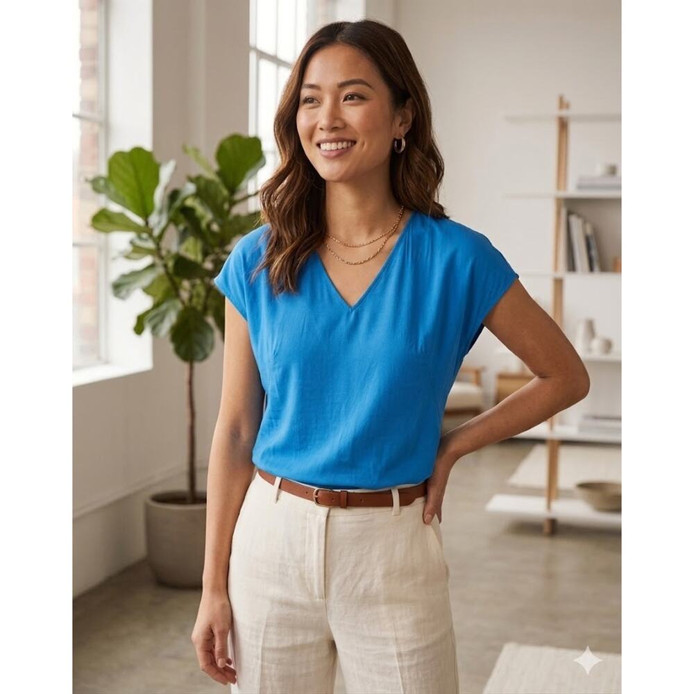 Boden Blue Viscose Silk Pleated V-Neck Top 4
